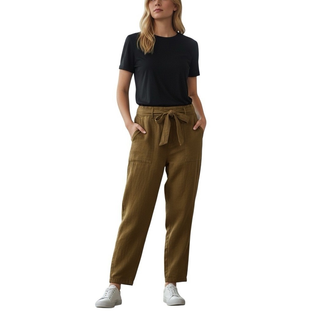 C&C California Brown Linen Blend Utility Pants High Rise Boho Relaxed Belted L